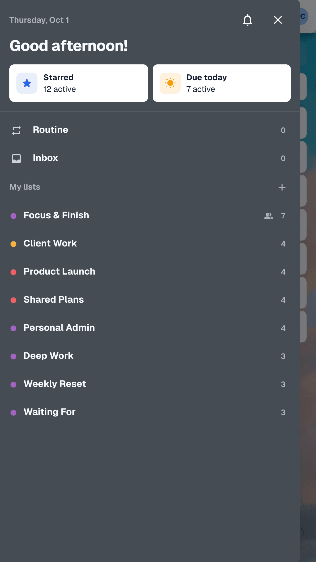 Thunderlist mobile navigation with smart views and named lists