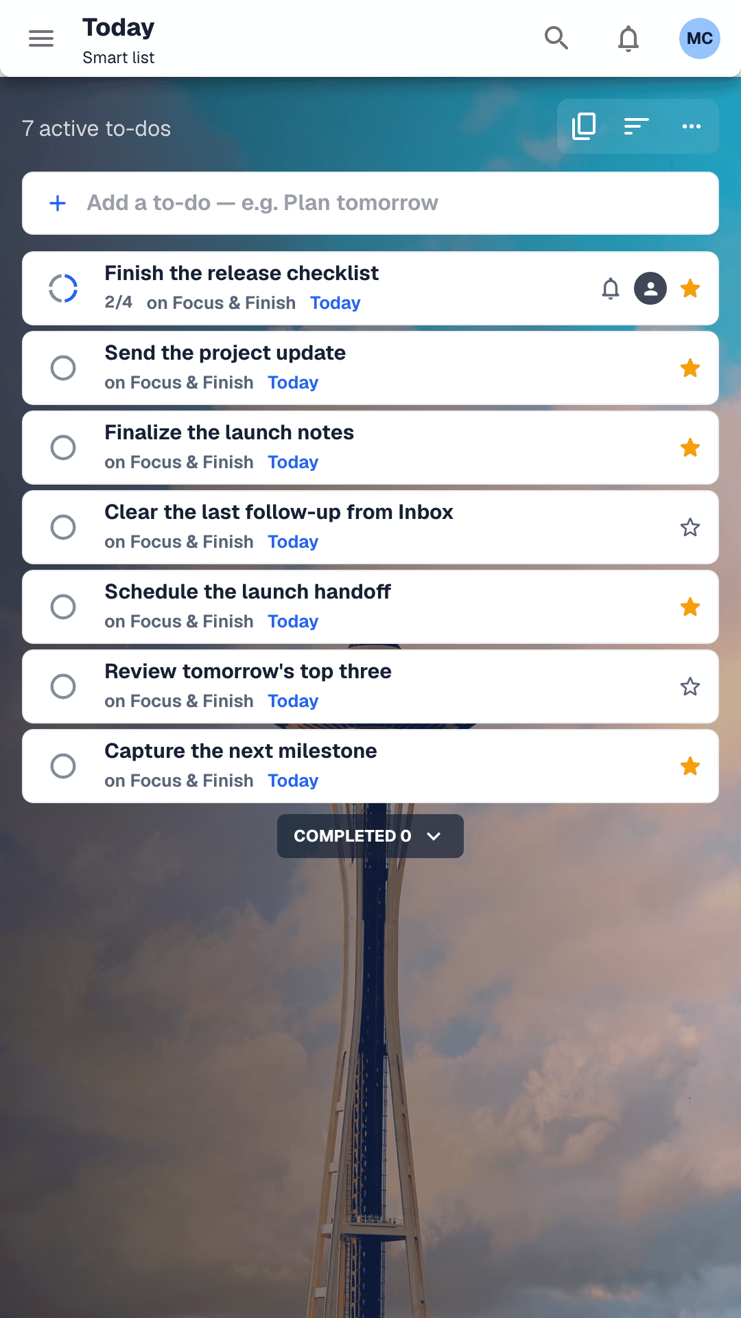 Thunderlist mobile Today view with active tasks and progress
